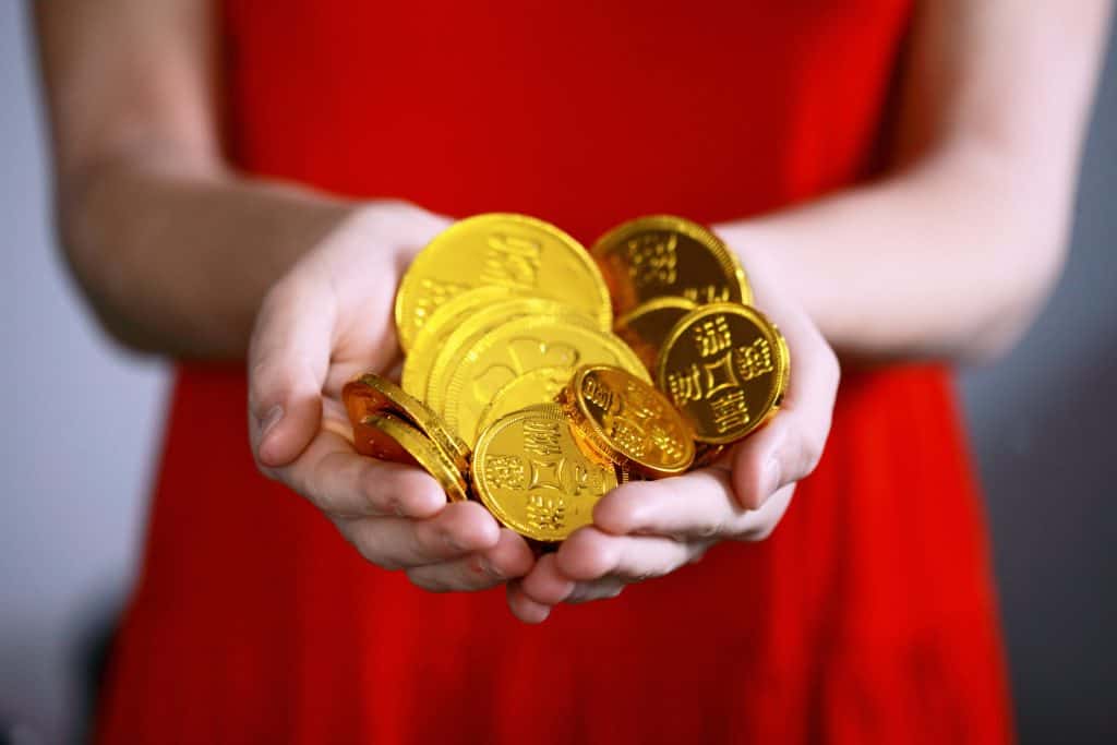 woman red dress coins