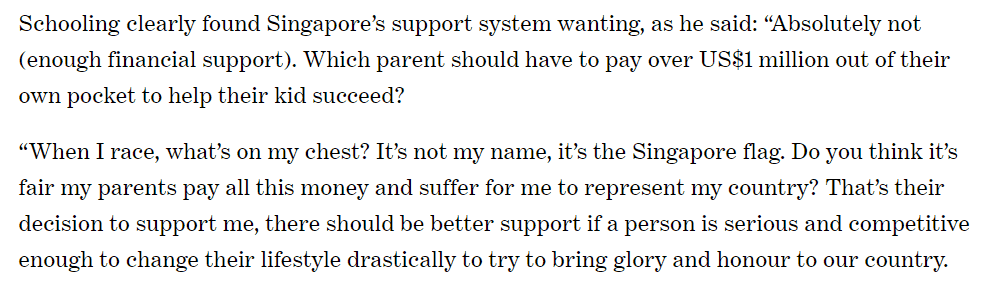 Joseph Schooling in his legendary interview with Singapore media about the lack of governmentall support. 