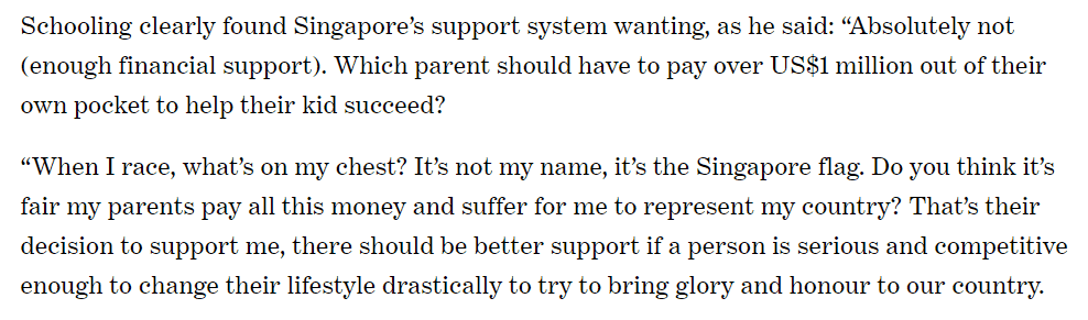 Joseph Schooling in his legendary interview with Singapore media about the lack of governmentall support.